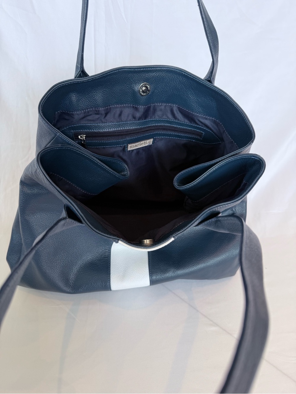 Classic Navy Tote with White Center Stripe - Women's 100%  Leather Shoulder Bag - Picture 7 of 16
